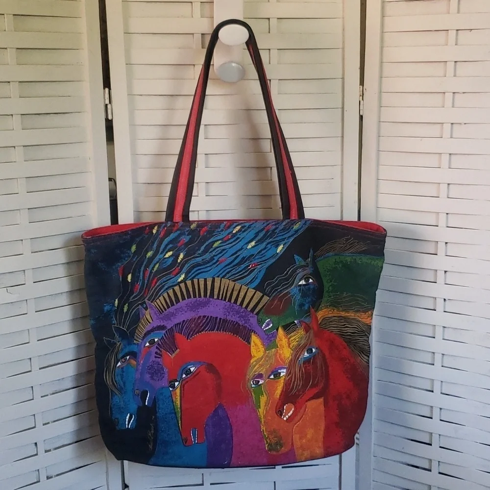 Lauren Burch horse lover multicolor canvas tote bag